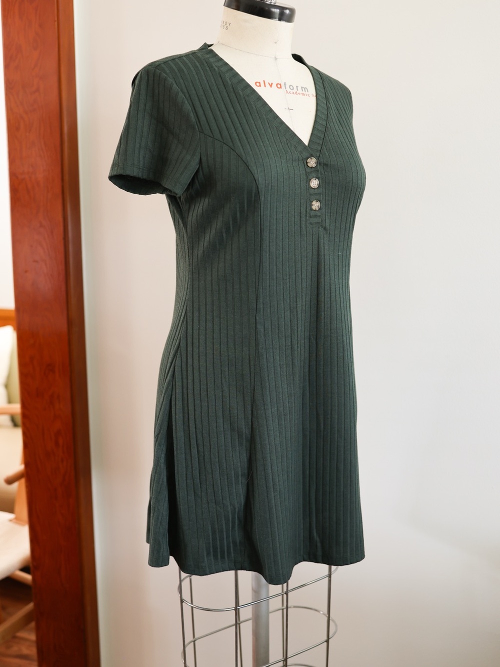 Dark Green Ribbed V-Neck Short Sleeve Tennis Mini Dress - Picture 2 of 7